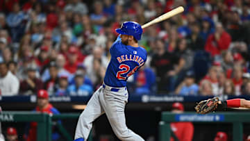 Sep 24, 2024; Philadelphia, Pennsylvania, USA; Chicago Cubs outfielder Cody Bellinger (24) hits an RBI triple against the Philadelphia Phillies in the sixth inning at Citizens Bank Park. Mandatory Credit: Kyle Ross-Imagn Images
