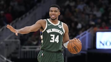 Nov 2, 2024; Milwaukee, Wisconsin, USA; Milwaukee Bucks forward Giannis Antetokounmpo (34) brings the ball up the court against the Cleveland Cavaliers in the second half at Fiserv Forum. Mandatory Credit: Michael McLoone-Imagn Images