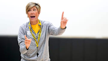 Iowa head coach Jan Jensen speaks to her team during a women’s basketball practice July 22, 2025 at Carver-Hawkeye Arena in Iowa City, Iowa.