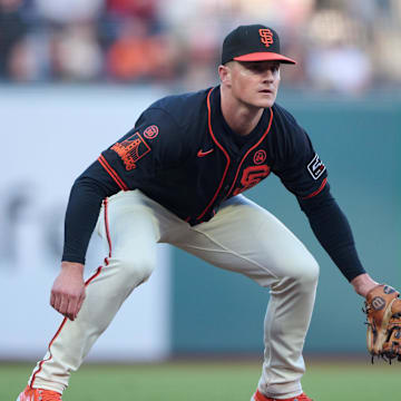 San Francisco Giants infielder Matt Chapman (26) plays third base against the Miami Marlins during the second inning at Oracle Park on Aug 31.