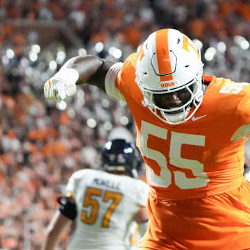 Tennessee defensive lineman Omarr Norman-Lott (55) celebrating after a play during the NCAA college football game against Kent State on Saturday, Sept. 14, 2024 in Knoxville, Tenn.