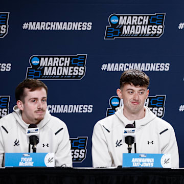 Mar 19, 2025; Denver, CO, USA; (from left to right) UC San Diego Tritons players Tyler McGhie and Aniwaniwa Tait-Jones and Hayden Gray during a press conference at Ball Arena. Mandatory Credit: Isaiah J. Downing-Imagn Images