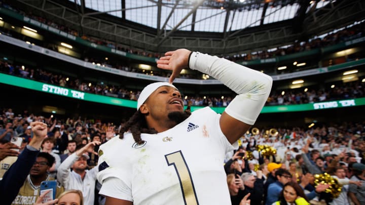 Aug 24, 2024; Dublin, IRL; Georgia Tech defensive back LaMiles Brooks celebrates after their win against Florida State at Aviva Stadium. Mandatory Credit: Tom Maher/INPHO via USA TODAY Sports