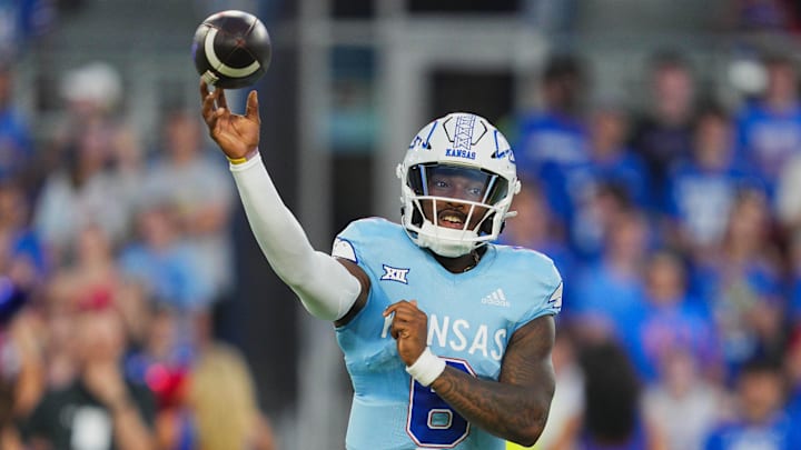 Aug 29, 2024; Kansas City, Kansas, USA; Kansas Jayhawks quarterback Jalon Daniels (6) throws a pass during the first half against the Lindenwood Lions at Children's Mercy Park. Mandatory Credit: Jay Biggerstaff-Imagn Images