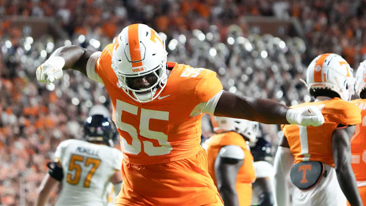 Tennessee defensive lineman Omarr Norman-Lott (55) celebrating after a play during the NCAA college football game against Kent State on Saturday, Sept. 14, 2024 in Knoxville, Tenn.