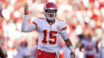 Oct 20, 2024; Santa Clara, California, USA; Kansas City Chiefs quarterback Patrick Mahomes (15) reacts after the Chiefs scored a touchdown against the San Francisco 49ers in the fourth quarter at Levi's Stadium. Mandatory Credit: Cary Edmondson-Imagn Images