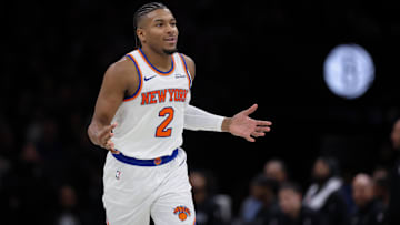 Nov 24, 2025; Brooklyn, New York, USA; New York Knicks guard Miles McBride (2) reacts after a basket against the Brooklyn Nets during the second half at Barclays Center. Mandatory Credit: Vincent Carchietta-Imagn Images