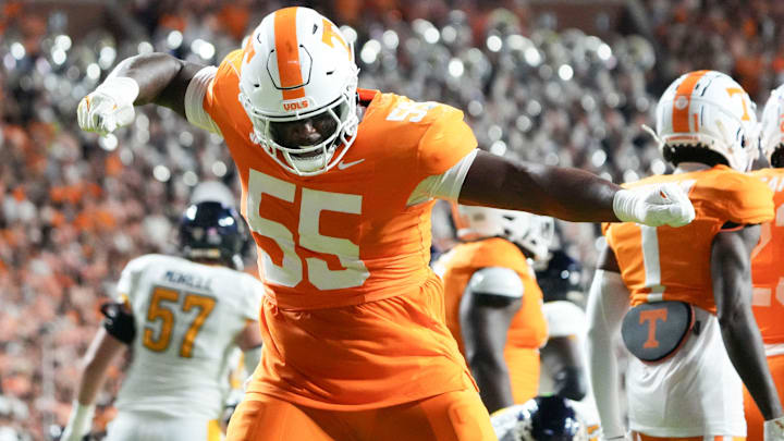 Tennessee defensive lineman Omarr Norman-Lott (55) celebrating after a play during the NCAA college football game against Kent State on Saturday, Sept. 14, 2024 in Knoxville, Tenn. Tennessee defensive lineman Omarr Norman-Lott (55) celebrating after a play during the NCAA college football game against Kent State on Saturday, Sept. 14, 2024 in Knoxville, Tenn.