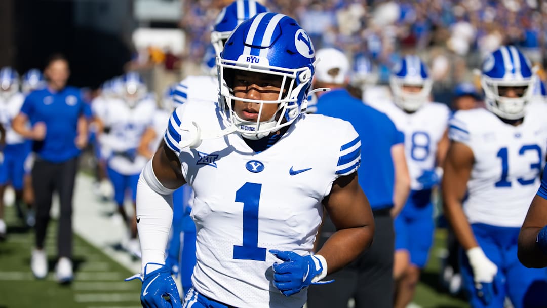 Nov 23, 2024; Tempe, Arizona, USA; Brigham Young Cougars safety Micah Harper (1) against the Arizona State Sun Devils at Mountain America Stadium. Mandatory Credit: Mark J. Rebilas-Imagn Images