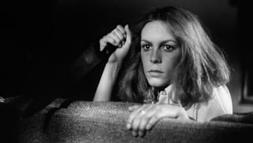 Jamie Lee Curtis on the set of Halloween