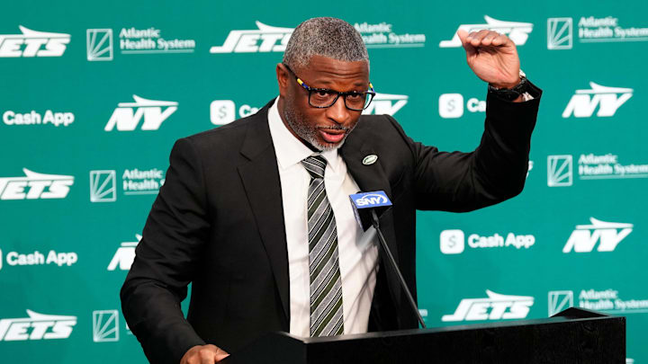New York Jets Head Coach Aaron Glenn, is shown as he speaks during a press conference, at the Atlantic Health Jets Training Center, Monday, January 27, 2025, in Florham Park. Glenn spoke about not just getting the Jets to a winning record but to sustain them as a championship caliber team. New York Jets Head Coach Aaron Glenn, is shown as he speaks during a press conference, at the Atlantic Health Jets Training Center, Monday, January 27, 2025, in Florham Park. Glenn spoke about not just getting the Jets to a winning record but to sustain them as a championship caliber team.