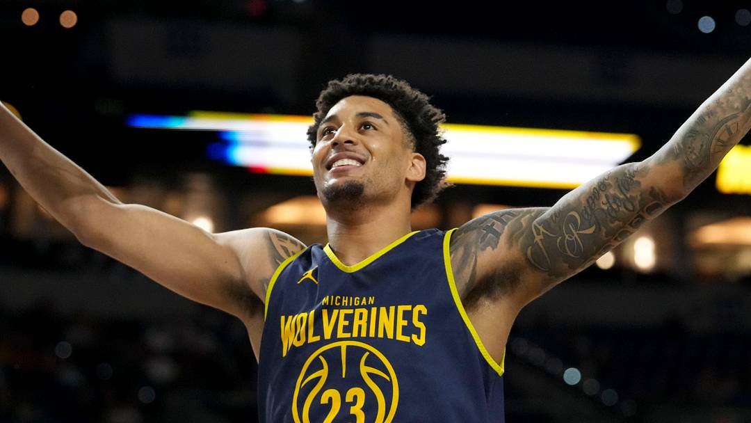 Michigan Wolverines forward Yaxel Lendeborg (23) reacts during practice ahead of a Final Four game on Friday, April 3, 2026, at Lucas Oil Stadium in Indianapolis.
