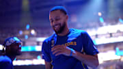 Oct 27, 2025; San Francisco, California, USA; Golden State Warriors guard Stephen Curry (30) is introduced before the start of the game against the Memphis Grizzlies at the Chase Center. Mandatory Credit: Cary Edmondson-Imagn Images