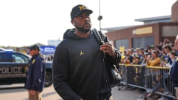 Michigan head coach Sherrone Moore arrives ahead of the Washington game at Michigan Stadium in Ann Arbor on Saturday, Oct. 18, 2025.