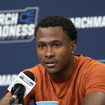 Mar 20, 2024; Charlotte, NC, USA; Texas Longhorns guard Max Abmas (3) during a press conference at Spectrum Center. Mandatory Credit: Bob Donnan-Imagn Images