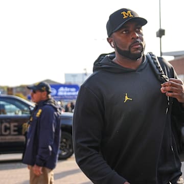 Michigan head coach Sherrone Moore arrives ahead of the Washington game at Michigan Stadium in Ann Arbor on Saturday, Oct. 18, 2025.