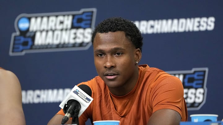 Mar 20, 2024; Charlotte, NC, USA; Texas Longhorns guard Max Abmas (3) during a press conference at Spectrum Center. Mandatory Credit: Bob Donnan-Imagn Images