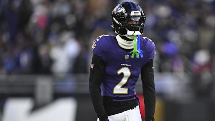 Jan 4, 2025; Baltimore, Maryland, USA; Baltimore Ravens cornerback Nate Wiggins (2) stands in his defensive position during the first quarter against the Cleveland Browns  at M&T Bank Stadium. Mandatory Credit: Tommy Gilligan-Imagn Images