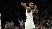 Nov 17, 2025; Minneapolis, Minnesota, USA; Minnesota Timberwolves guard Bones Hyland (8) celebrates after making a shot against the Dallas Mavericks in the second half at Target Center. Mandatory Credit: Jesse Johnson-Imagn Images