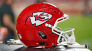 Aug 22, 2025; Kansas City, Missouri, USA; A general view of a Kansas City Chiefs helmet against the Chicago Bears during the first half of the game at GEHA Field at Arrowhead Stadium. Mandatory Credit: Denny Medley-Imagn Images