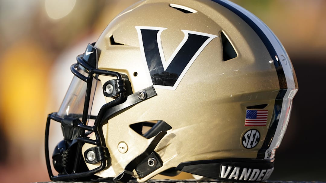 Oct 22, 2022; Columbia, Missouri, USA; A detail view of a Vanderbilt Commodores helmet against the Missouri Tigers during the second half of the game at Faurot Field at Memorial Stadium. Mandatory Credit: Denny Medley-Imagn Images