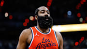 Apr 21, 2025; Denver, Colorado, USA; Los Angeles Clippers guard James Harden (1) in the third quarter against the Denver Nuggets during game two of first round for the 2025 NBA Playoffs at Ball Arena. Mandatory Credit: Isaiah J. Downing-Imagn Images