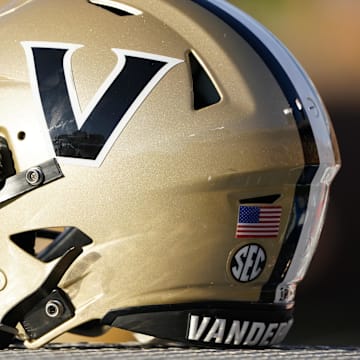 Oct 22, 2022; Columbia, Missouri, USA; A detail view of a Vanderbilt Commodores helmet against the Missouri Tigers during the second half of the game at Faurot Field at Memorial Stadium. Mandatory Credit: Denny Medley-Imagn Images