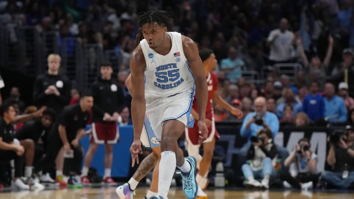 Mar 28, 2024; Los Angeles, CA, USA; North Carolina Tar Heels forward Harrison Ingram (55) reacts in the first half against the Alabama Crimson Tide in the semifinals of the West Regional of the 2024 NCAA Tournament at Crypto.com Arena. Mandatory Credit: Kirby Lee-USA TODAY Sports