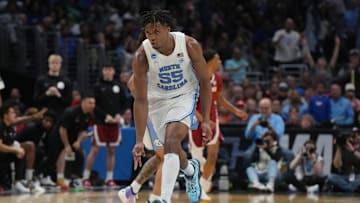 Mar 28, 2024; Los Angeles, CA, USA; North Carolina Tar Heels forward Harrison Ingram (55) reacts in the first half against the Alabama Crimson Tide in the semifinals of the West Regional of the 2024 NCAA Tournament at Crypto.com Arena.