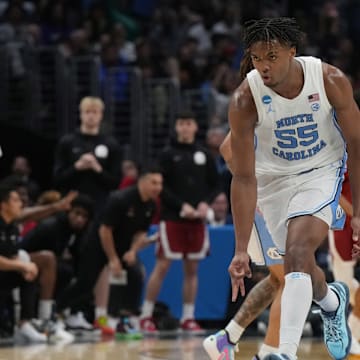 Mar 28, 2024; Los Angeles, CA, USA; North Carolina Tar Heels forward Harrison Ingram (55) reacts in the first half against the Alabama Crimson Tide in the semifinals of the West Regional of the 2024 NCAA Tournament at Crypto.com Arena.