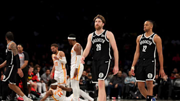 Apr 10, 2025; Brooklyn, New York, USA; Brooklyn Nets forward Drew Timme (26) reacts after being called for an offensive foul during the fourth quarter against the Atlanta Hawks at Barclays Center. Mandatory Credit: Brad Penner-Imagn Images