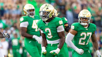 Oct 4, 2025; South Bend, Indiana, USA; Notre Dame Fighting Irish linebacker Jaylen Sneed (3) celebrates a tackle against the Boise State Broncos during the second half at Notre Dame Stadium. 