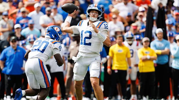 Oct 10, 2026; Gainesville, Florida, USA;  Florida Gators quarterback Aaron Philo (12) throws the ball against the South Carolina Gamecocks during the first half at Ben Hill Griffin Stadium.  Mandatory Credit: Matt Pendleton-Imagn Images