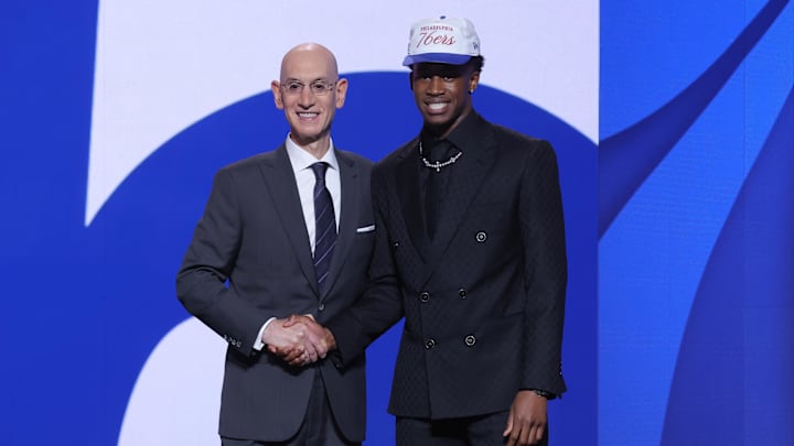 VJ Edgecombe stands with NBA commissioner Adam Silver after being selected by the Philadelphia 76ers in the 2025 NBA Draft