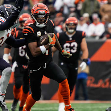 Bengals Ja'Marr Chase takes the ball down the field during their game against the Bears at Paycor Stadium on Sunday November 2, 2025. The Bears won the game with a final score of 47-42.