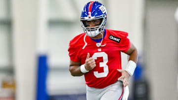 Jun 18, 2025; East Rutherford, NJ, USA; New York Giants quarterback Russell Wilson (3) warms up during minicamp at Quest Diagnostics Training Center. Mandatory Credit: John Jones-Imagn Images