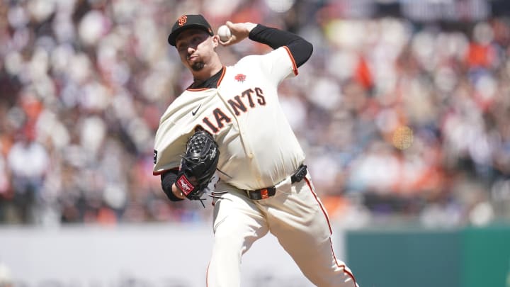 May 27, 2024; San Francisco, California, USA; San Francisco Giants starting pitcher Blake Snell (7) delivers a pitch against the Philadelphia Phillies in the third inning at Oracle Park.