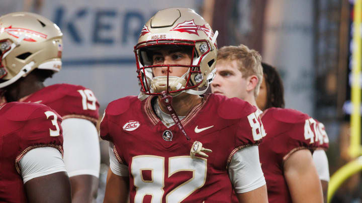 Aug 24, 2024; Dublin, IRL; Florida State University wide receiver Carson Pielock reacts after their loss to Georgia Tech at Aviva Stadium. Mandatory Credit: Tom Maher/INPHO via USA TODAY Sports