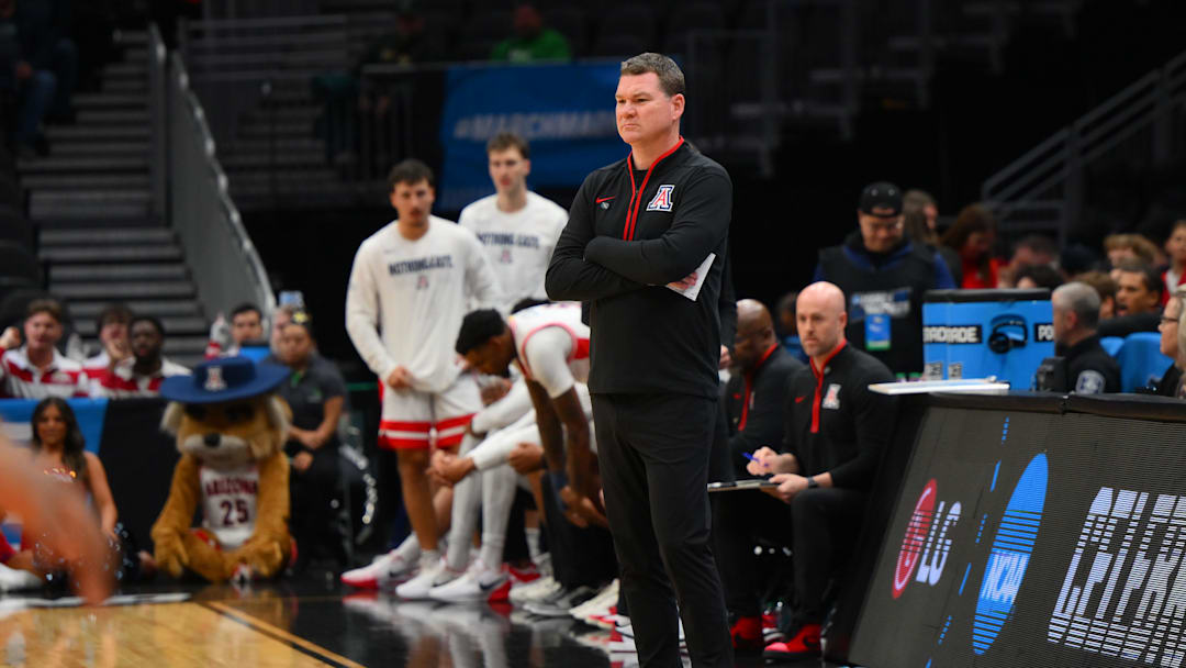 Mar 21, 2025; Seattle, WA, USA; Arizona Wildcats head coach Tommy Lloyd during the first half in the first round of the NCAA Tournament at Climate Pledge Arena. Mandatory Credit: Steven Bisig-Imagn Images