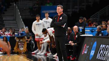 Mar 21, 2025; Seattle, WA, USA; Arizona Wildcats head coach Tommy Lloyd during the first half in the first round of the NCAA Tournament at Climate Pledge Arena. Mandatory Credit: Steven Bisig-Imagn Images