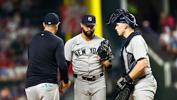 Aug 5, 2025; Arlington, Texas, USA;  New York Yankees relief pitcher Devin Williams (38) reacts after leaving the game during the eighth inning against the Texas Rangers at Globe Life Field. Mandatory Credit: Kevin Jairaj-Imagn Images