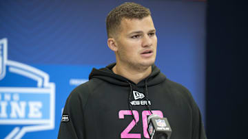 Feb 27, 2025; Indianapolis, IN, USA; Louisiana St tight end Mason Taylor (TE20) during the 2025 NFL Combine at Lucas Oil Stadium. Mandatory Credit: Tanner Pearson-Imagn Images