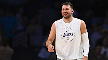 Los Angeles Lakers guard Luka Doncic reacts before the game against the Houston Rockets.
