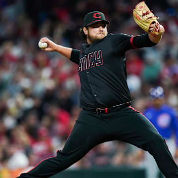 Cincinnati Reds pitcher Ian Gibaut (79) throws a pitch in the seventh inning of the MLB National League game between the Cincinnati Reds and Chicago Cubs, Friday, May 23, 2025, at Great American Ball Park in Downtown Cincinnati.