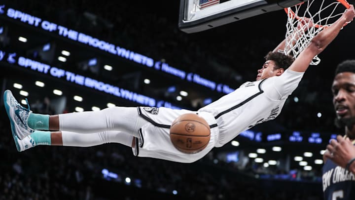 Mar 19, 2024; Brooklyn, New York, USA; Brooklyn Nets forward Cameron Johnson (2) dunks in the fourth quarter against the New Orleans Pelicans at Barclays Center. Mandatory Credit: Wendell Cruz-Imagn Images Mar 19, 2024; Brooklyn, New York, USA; Brooklyn Nets forward Cameron Johnson (2) dunks in the fourth quarter against the New Orleans Pelicans at Barclays Center. Mandatory Credit: Wendell Cruz-Imagn Images