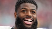 Sep 15, 2024; Glendale, Arizona, USA; Los Angeles Rams linebacker Jared Verse (8) looks on against the Arizona Cardinals during the first half at State Farm Stadium. Mandatory Credit: Joe Camporeale-Imagn Images