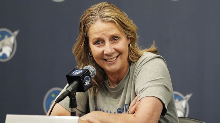 Jun 21, 2025; Minneapolis, Minnesota, USA; Minnesota Lynx head coach Cheryl Reeve answers questions from the media before the game with the Los Angeles Sparks at Target Center. Mandatory Credit: Bruce Kluckhohn-Imagn Images