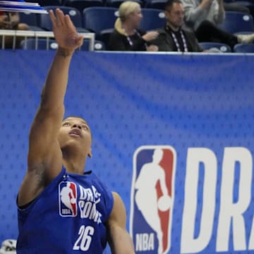 May 13, 2025; Chicago, Il, USA; Jeremiah Fears (26) participates in the 2025 NBA Draft Combine at Wintrust Arena. Mandatory Credit: David Banks-Imagn Images