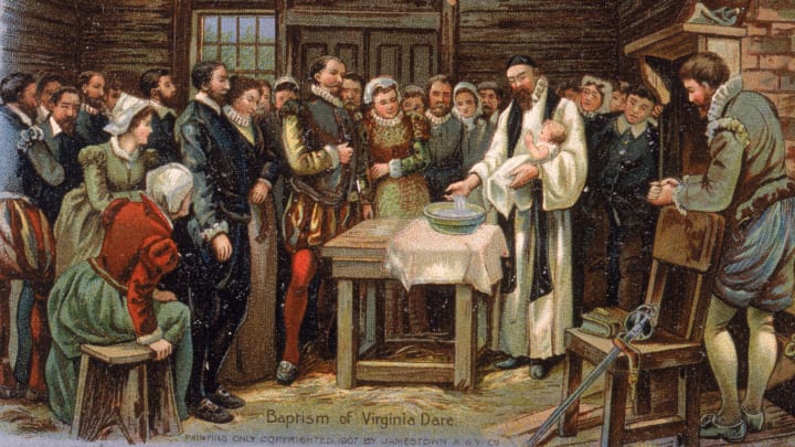 An illustration of the baptism of Virginia Dare