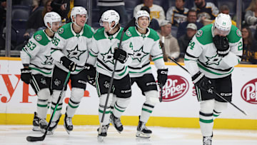 Nov 8, 2025; Nashville, Tennessee, USA; Dallas Stars celebrate a second period goal against the Nashville Predators at Bridgestone Arena. Mandatory Credit: Alan Poizner-Imagn Images